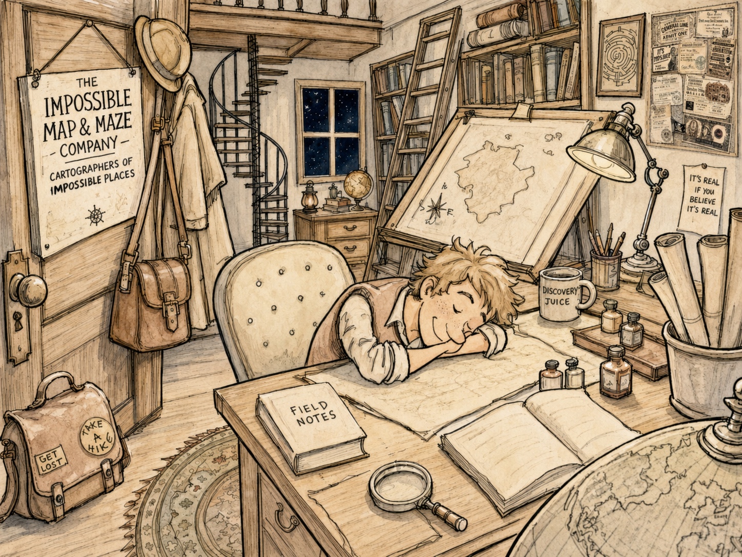 Capm Mac asleep in The Impossible Map & Maze Company office